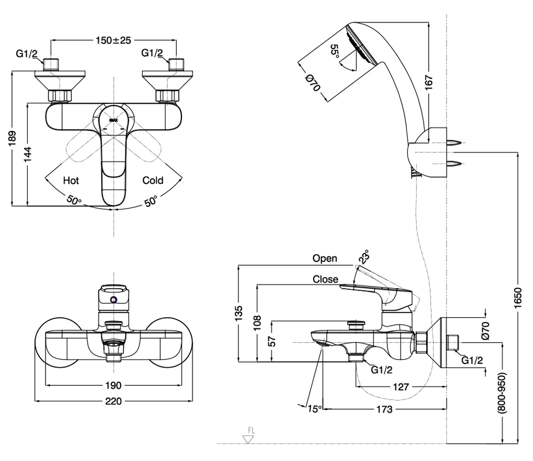 Bản vẽ vòi hoa sen tắm Inax BFV-1403S-8C