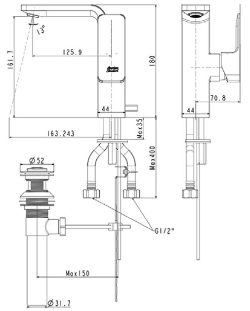 Bản vẻ vòi chậu lavabo WF-1305 nóng lạnh