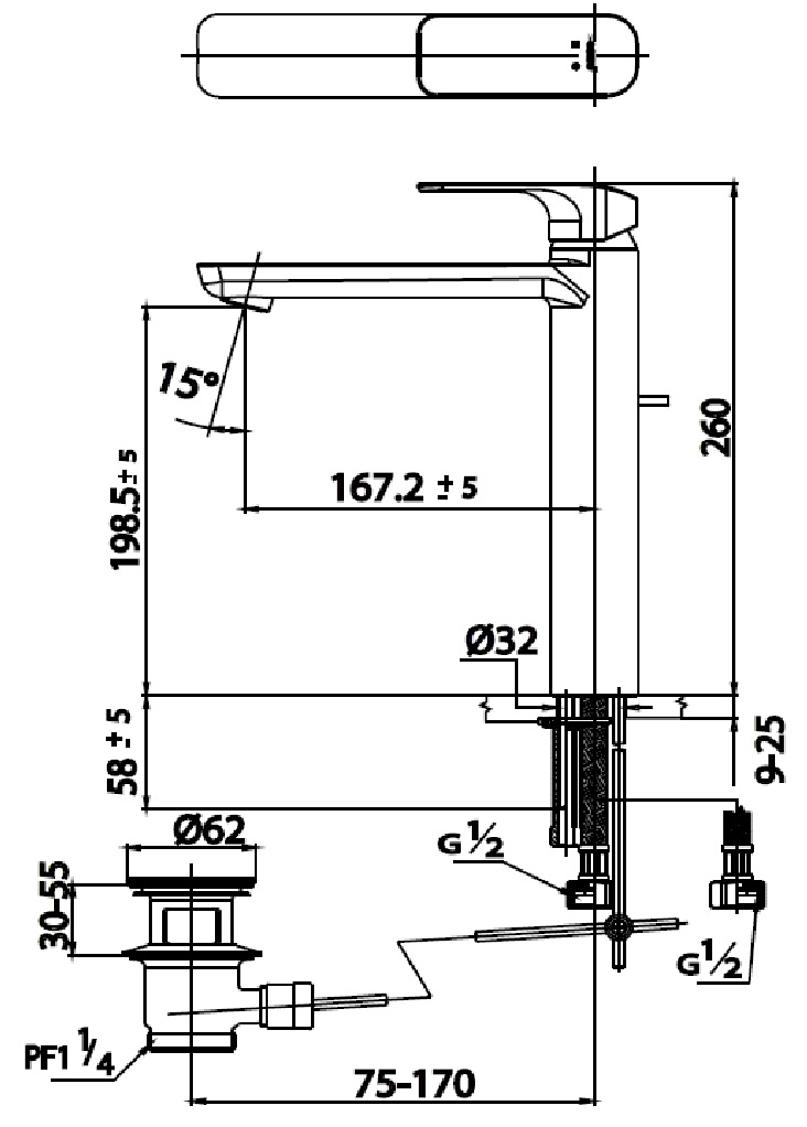 Bản vẽ kỹ thuật vòi chậu rửa mặt CT2124AY#BL Cotto