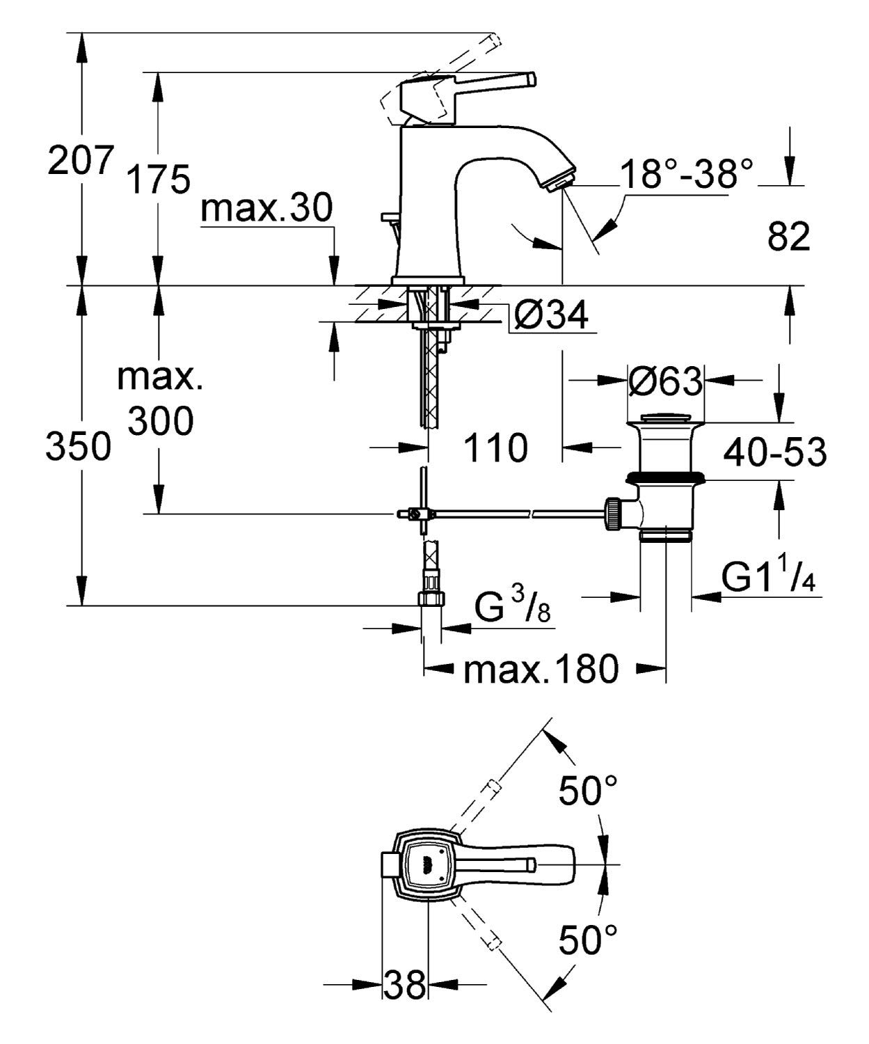 Bản vẽ kỹ thuật vòi lavabo 23303IGO Grohe Grandera size S