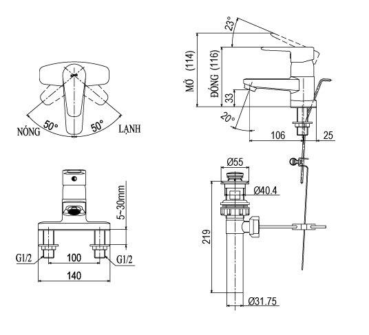 Bản vẽ kỹ thuật vòi Inax nóng lạnh LFV-1201S-1