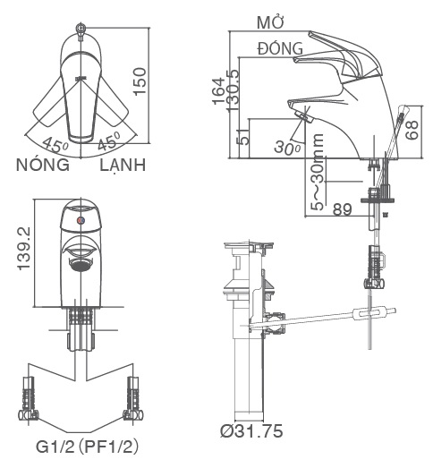 Bản vẽ kỹ thuật vòi Inax nóng lạnh LFV-3002S