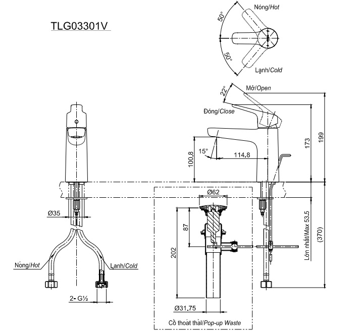 Bản vẽ kỹ thuật vòi nước TOTO nóng lạnh TLG03301V