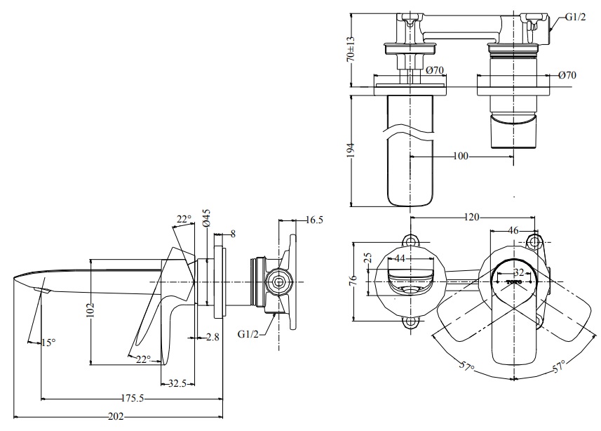 bản vẽ vòi chậu gật gù TOTO TLG04309B nóng lạnh gắn tường