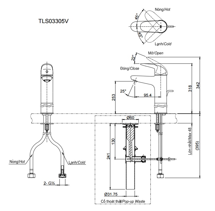 Bản vẽ vòi nước TOTO TLS03305V nóng lạnh