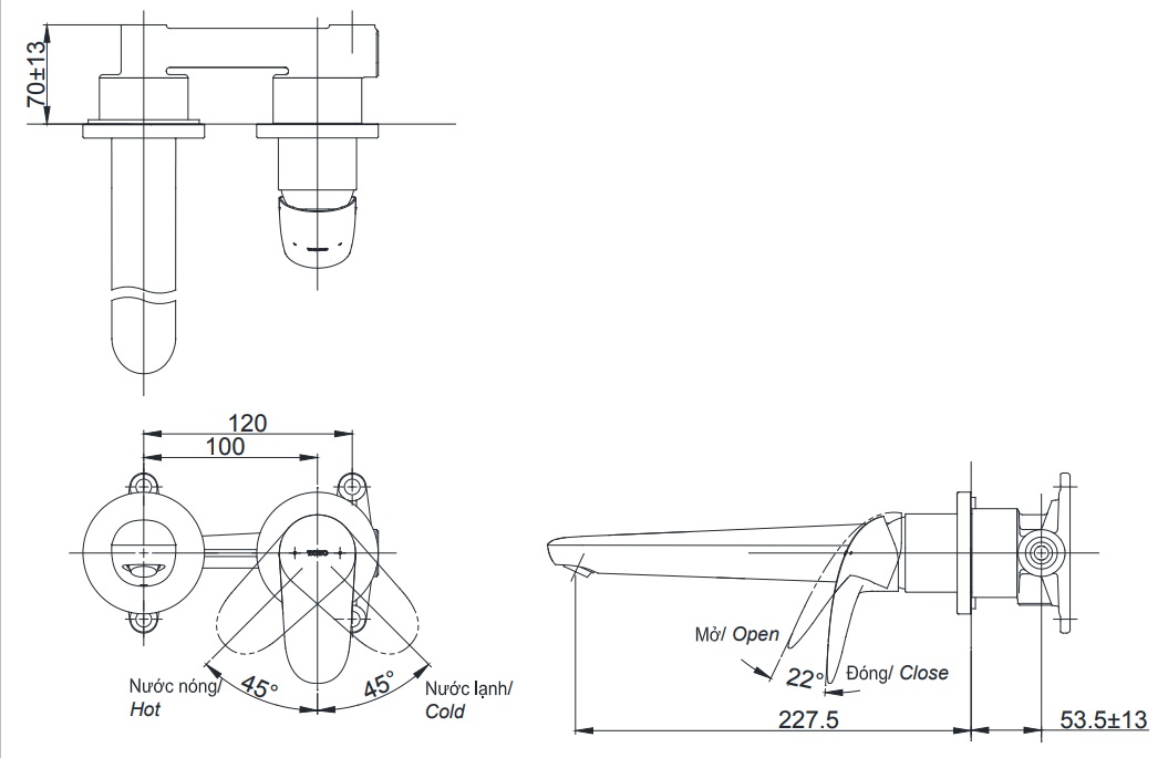 bản vẽ vòi chậu gật gù TOTO TLS03308B nóng lạnh gắn tường