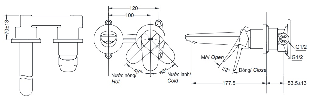 Bản vẽ vòi lavabo TLS04308B TOTO gắn tường