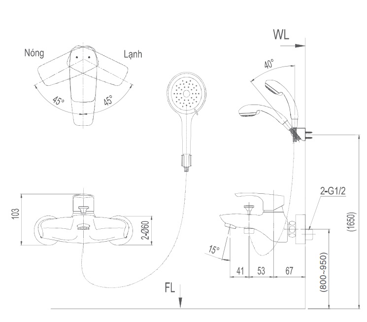 Bản vẽ kỹ thuật Vòi sen tắm nóng lạnh INAX BFV-213S-3C