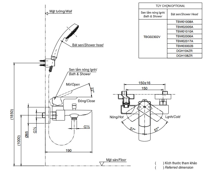 Bản vẽ vòi sen TBG02302V+TBW01010A TOTO