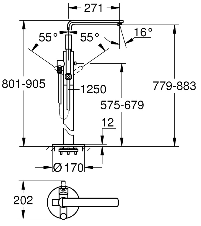 Bản vẽ vòi xả bồn tắm Grohe 23792001 đặt sàn