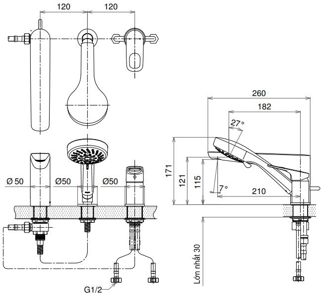 Bản vẽ sen tắm xả bồn TX496SRR gật gù có tay sen cầm tay