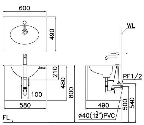 Bản vẽ kỹ thuật chậu rửa mặt LF5024 EH060V treo tường