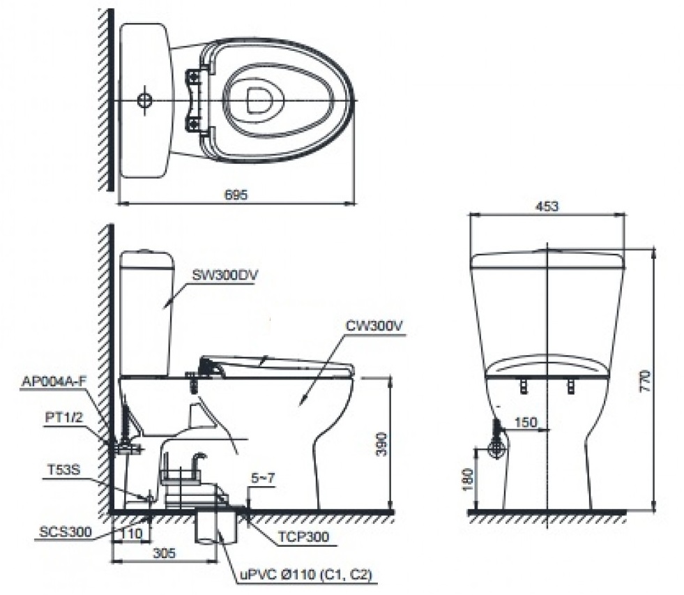 Bản vẽ bồn cầu nắp điện tử TOTO CS300DRW7