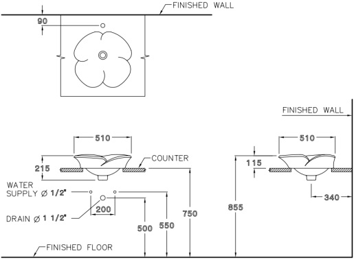 Bản vẽ kỹ thuật chậu lavabo đặt bàn Cotto C0004