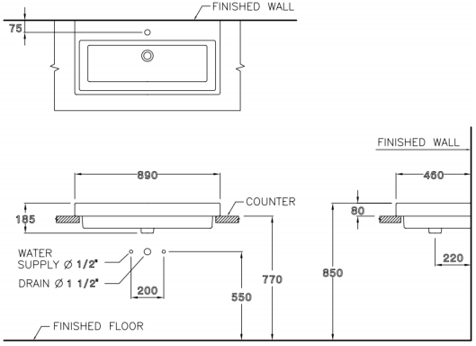 Bản vẽ kỹ thuật chậu lavabo Cotto C0900