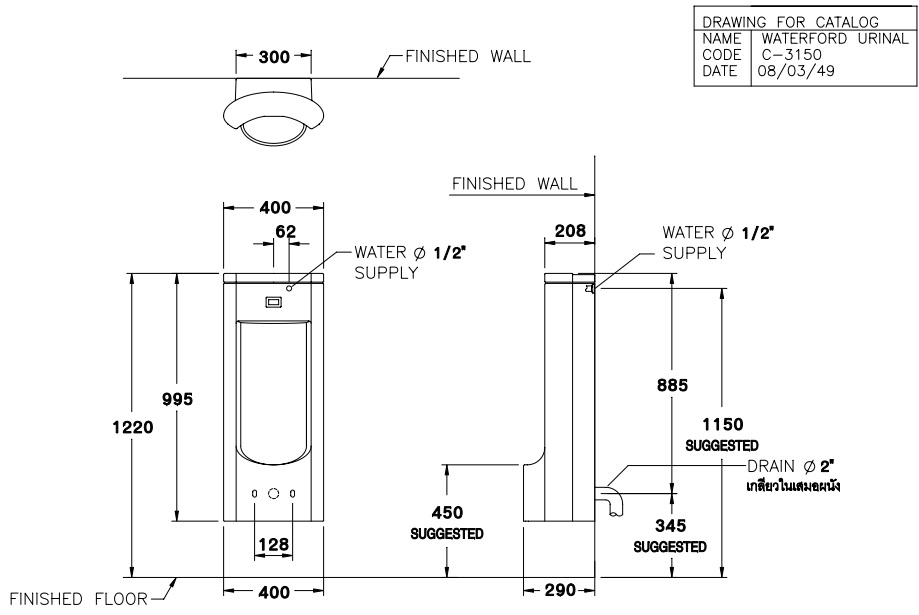 Bản vẽ kỹ thuật Bồn tiểu nam Cotto C31507DC