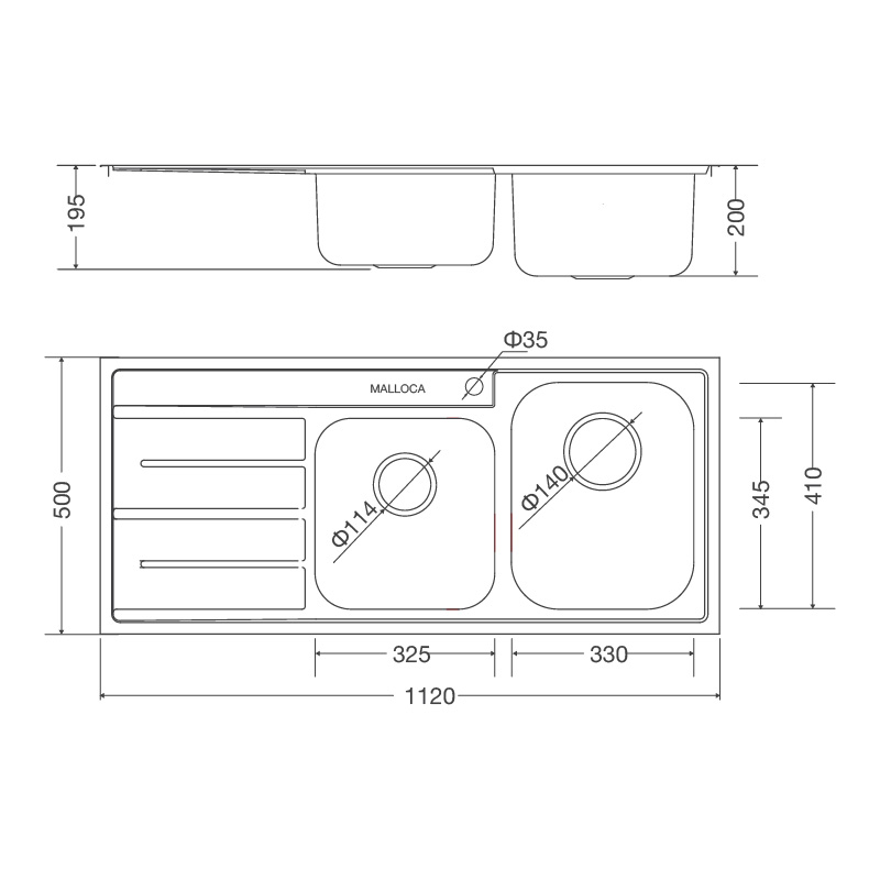 Bản vẽ kỹ thuật chậu inox 304 Malloca MS 1025L NEW rửa chén bát