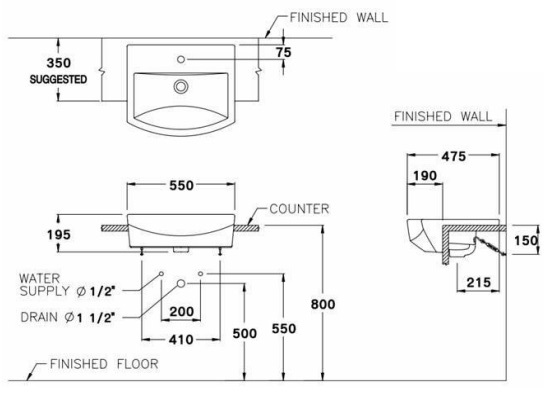 Bản vẽ kỹ thuật Chậu lavabo bán âm bàn C02427