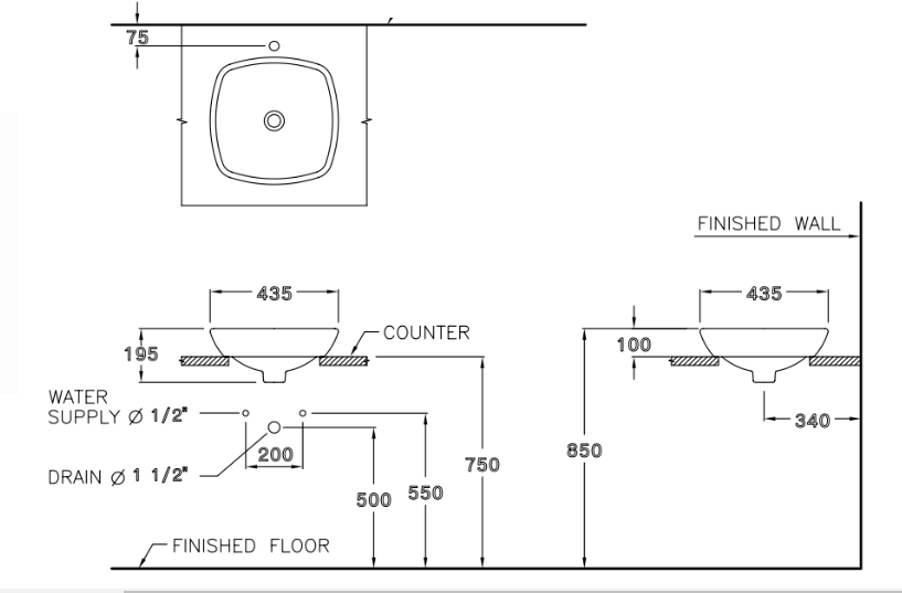 Bản vẽ kỹ thuật Chậu lavabo đặt bàn Cotto C0003