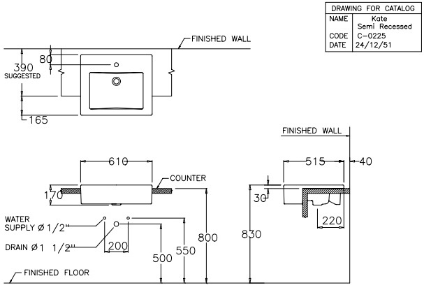 Bản vẽ kỹ thuật chậu lavabo Cotto C0225