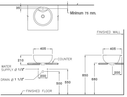 Bản vẽ kỹ thuật chậu lavabo đặt bàn Cotto C0007