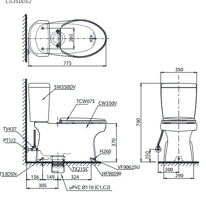 bản vẽ bồn cầu TOTO CS350DE2 nắp rửa cơ