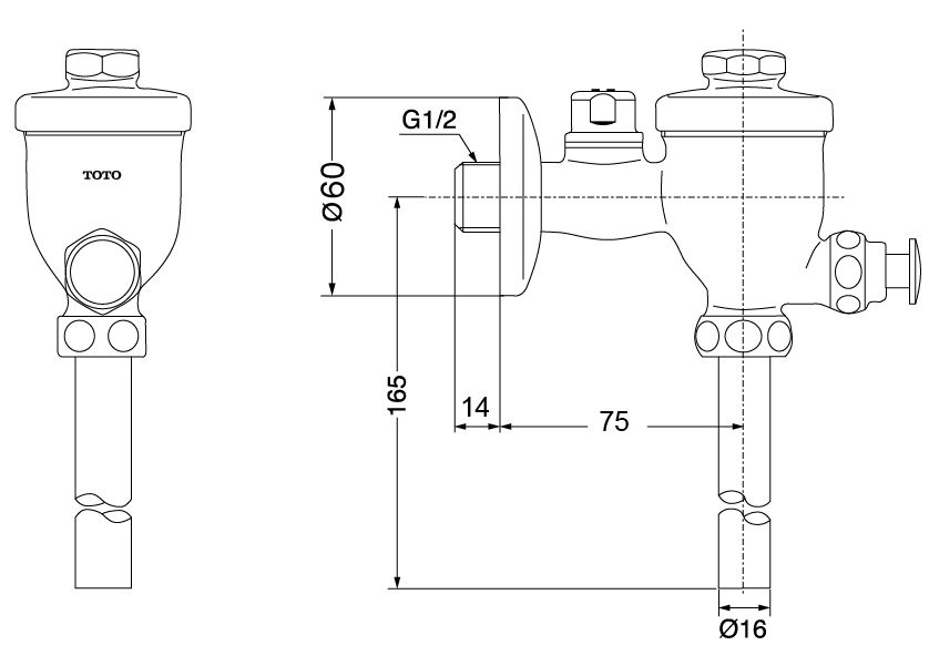 Bản vẽ kỹ thuật van xả tiểu TOTO DU601S