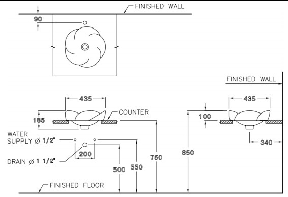 Bản vẽ kỹ thuật chậu lavabo bán âm bàn Cotto C0001