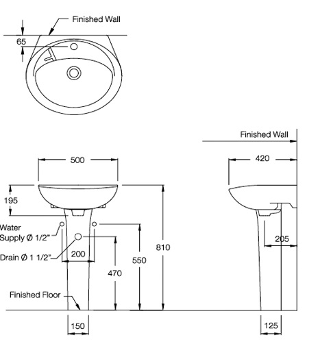 Bản vẽ kỹ thuật lavabo treo tường kèm chân dài C013/C404