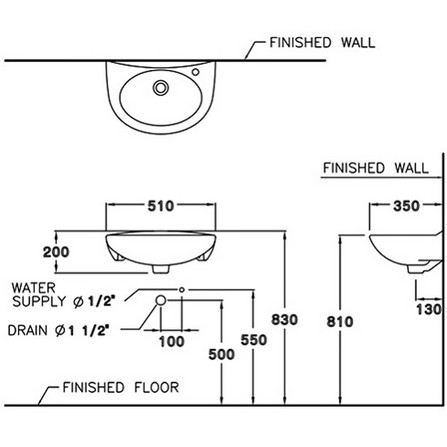 Bản vẽ kỹ thuật chậu Lavabo treo tường Cotto C005