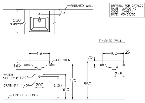 Bản vẽ kỹ thuật Chậu lavabo đặt bàn Cotto C0901