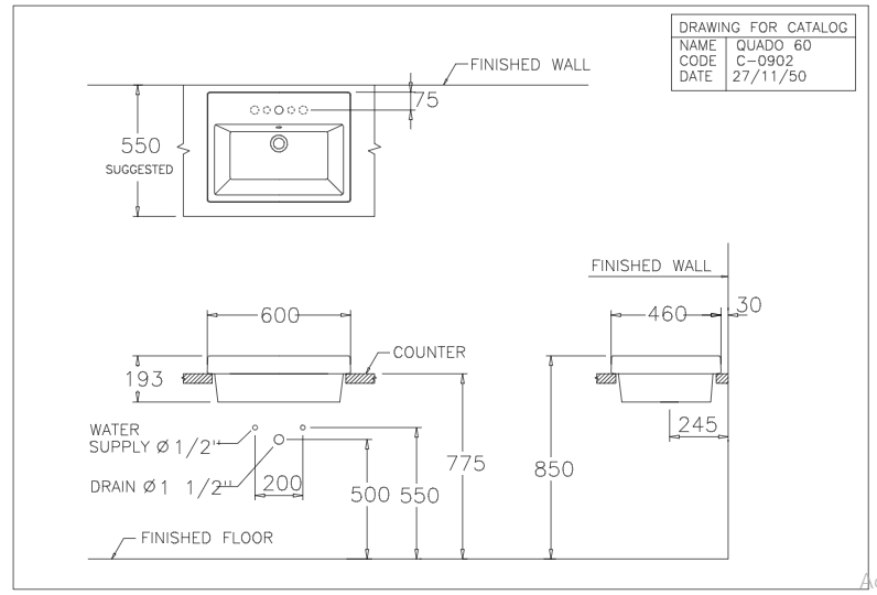 Bản vẽ kỹ thuật lavabo đặt bàn C0902