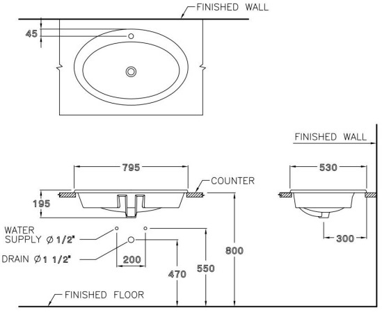 Bản vẽ kỹ thuật chậu lavabo Cotto C019