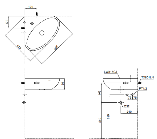 Bản vẽ kỹ thuật Chậu lavabo đặt góc LW815CJW/F