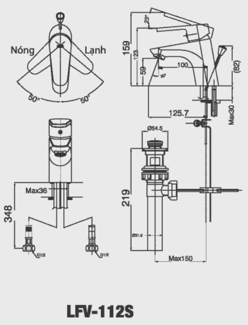 Bản vẽ kỹ thuật vòi lavabo nóng lạnh INAX LFV-112S