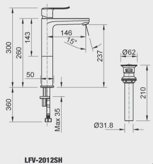 Bản vẽ kỹ thuật vòi lavabo nóng lạnh cổ cao INAX LFV-2012SH