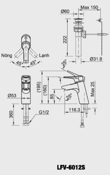 Bản vẽ kỹ thuật vòi lavabo nóng lạnh INAX LFV-6012S