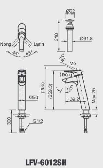 Bản vẽ kỹ thuật vòi lavabo nóng lạnh INAX LFV-6012SH