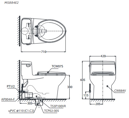 bản vẽ bồn cầu TOTO MS884E2 nắp rửa cơ