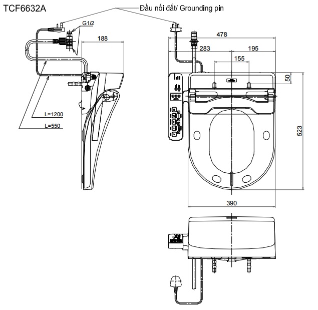 Bản vẽ kỹ thuật bồn cầu điện tử TOTO TCF6632A