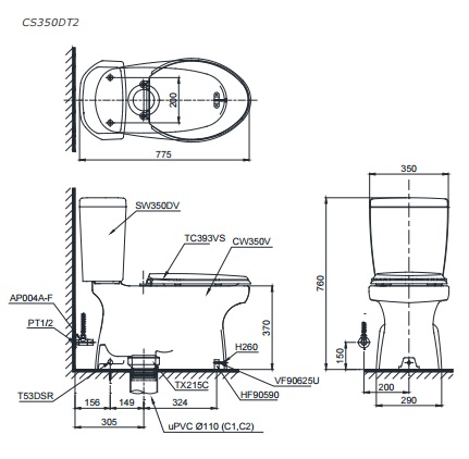 Bản vẽ kỹ thuật xí bệt TOTO CS350DT2