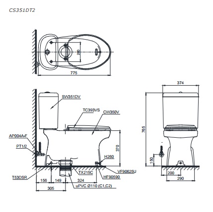 Bản vẽ kỹ thuật xí bệt TOTO CS351DT2