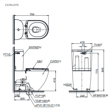 Bản vẽ bồn cầu TOTO CS761DT5 - Xí bệt bàn cầu vệ sinh 2 khối