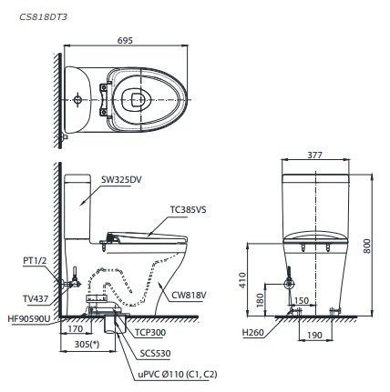 Bản vẽ bồn cầu TOTO CS818DT3 thùng nước S8180