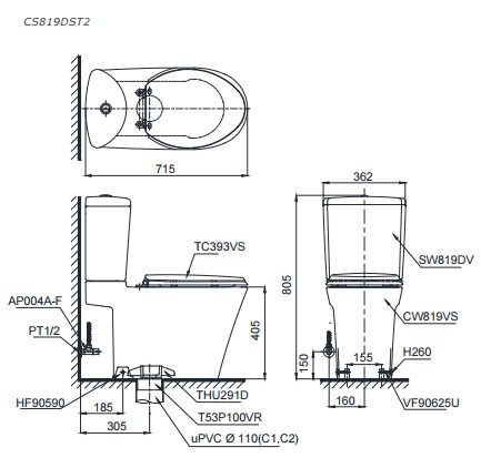 Bản vẽ kỹ thuật xí bệt TOTO CS819DST2