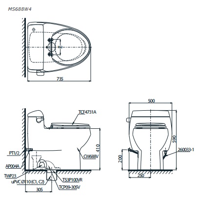 Bản vẽ bồn cầu MS668 nắp điện tử TCF4731A TOTO