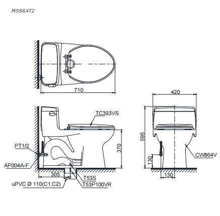 Bản vẽ bồn cầu TOTO MS864T3 - Xí bệt bàn cầu vệ sinh 1 khối nắp êm