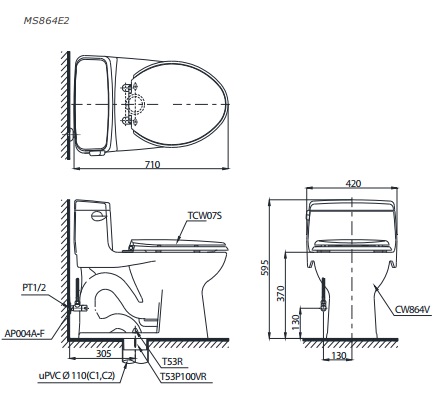 bản vẽ bồn cầu TOTO MS864E2 nắp rửa cơ