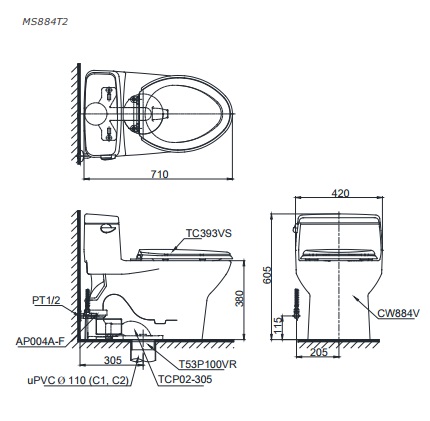 Bản vẽ kỹ thuật xí bệt TOTO 884: