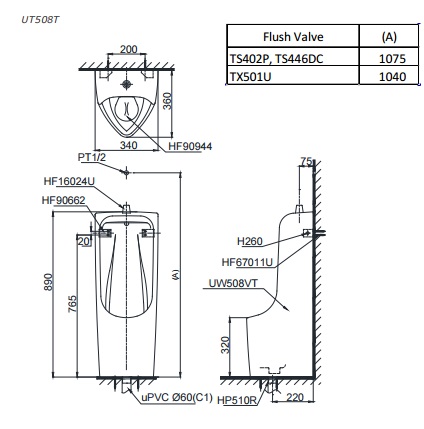 Bản vẽ bồn tiểu nam UT508T TOTO